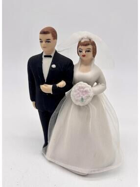 Vintage Bride & Groom Wedding Cake Topper 4” Ceramic Porcelain Bisque MCM